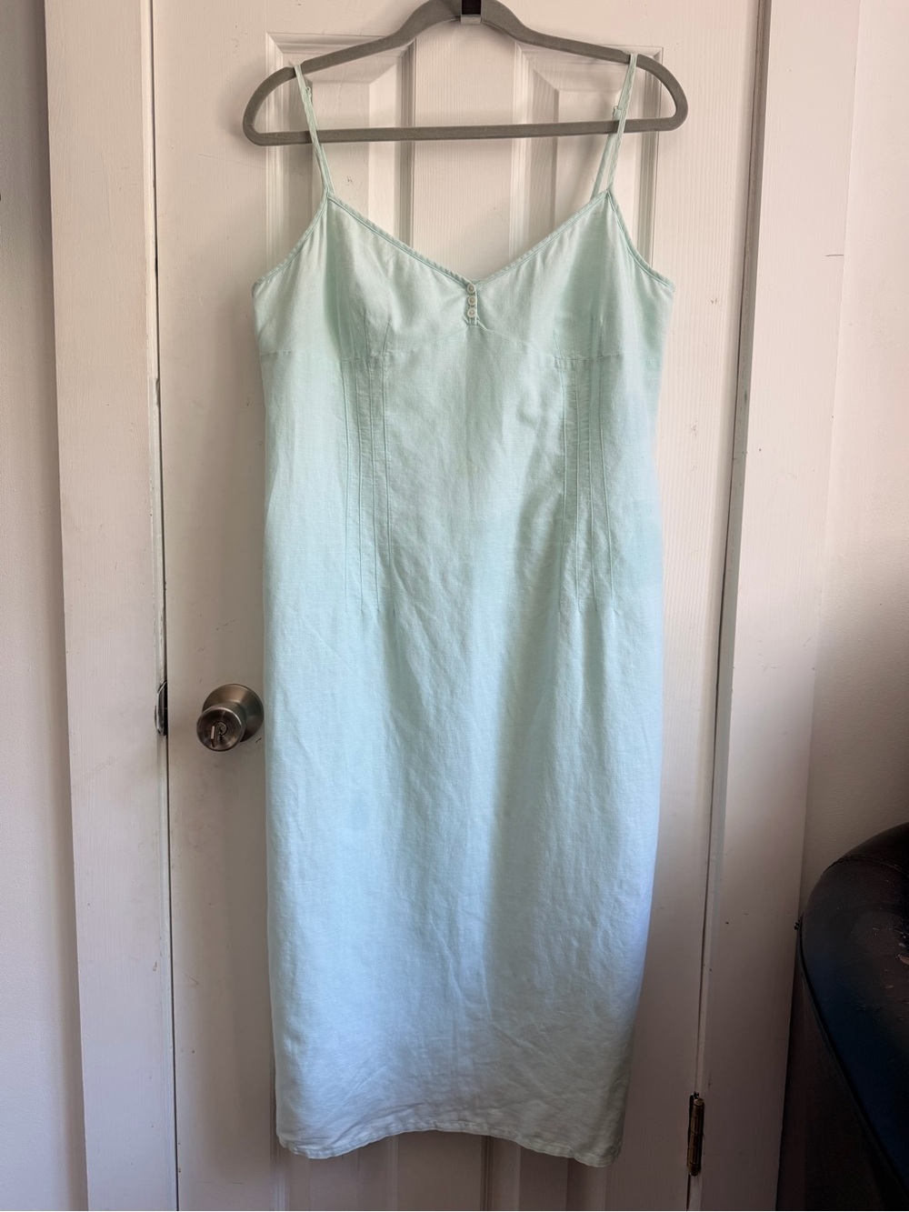 Light Mint Slip 100% Linen mix Dress  - Strappy V-Neck